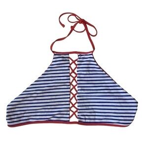 RED, White & Blue Lattice Front Striped String Bikini Top - Size Large
